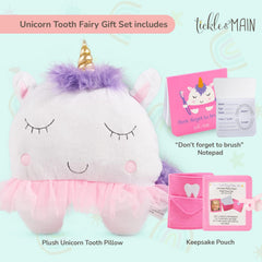 Tickle and Main unicorn tooth fairy notepad closeup with friendly brushing illustrations.