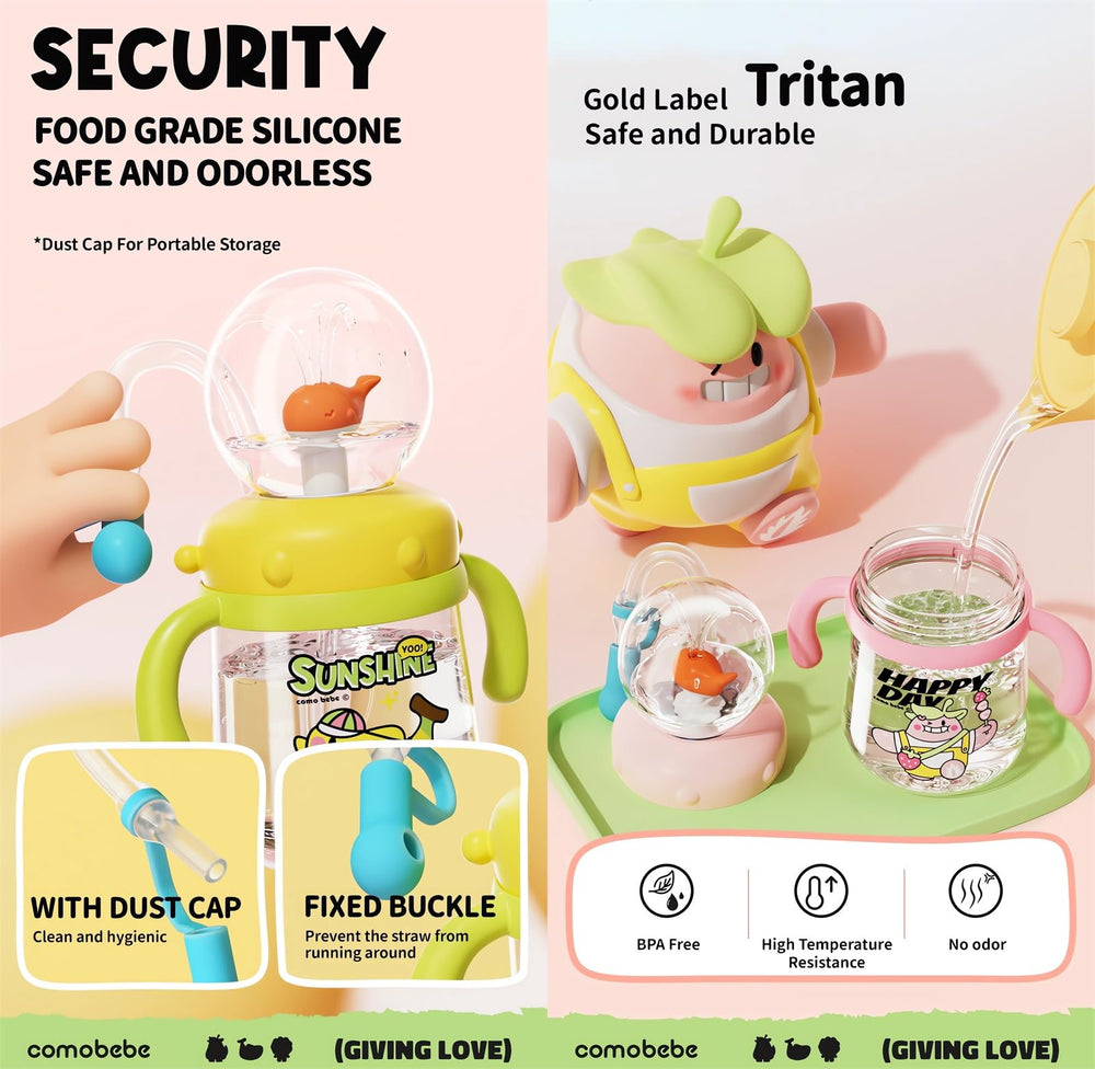Tictoyo Whale Squirt cup with strap demonstrates portable, hands-free drinking for toddlers.