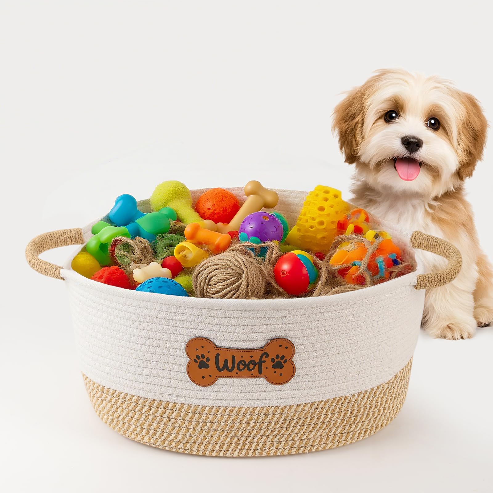 Tidelit dog toy basket front view highlights durable cotton rope for tidy toy storage