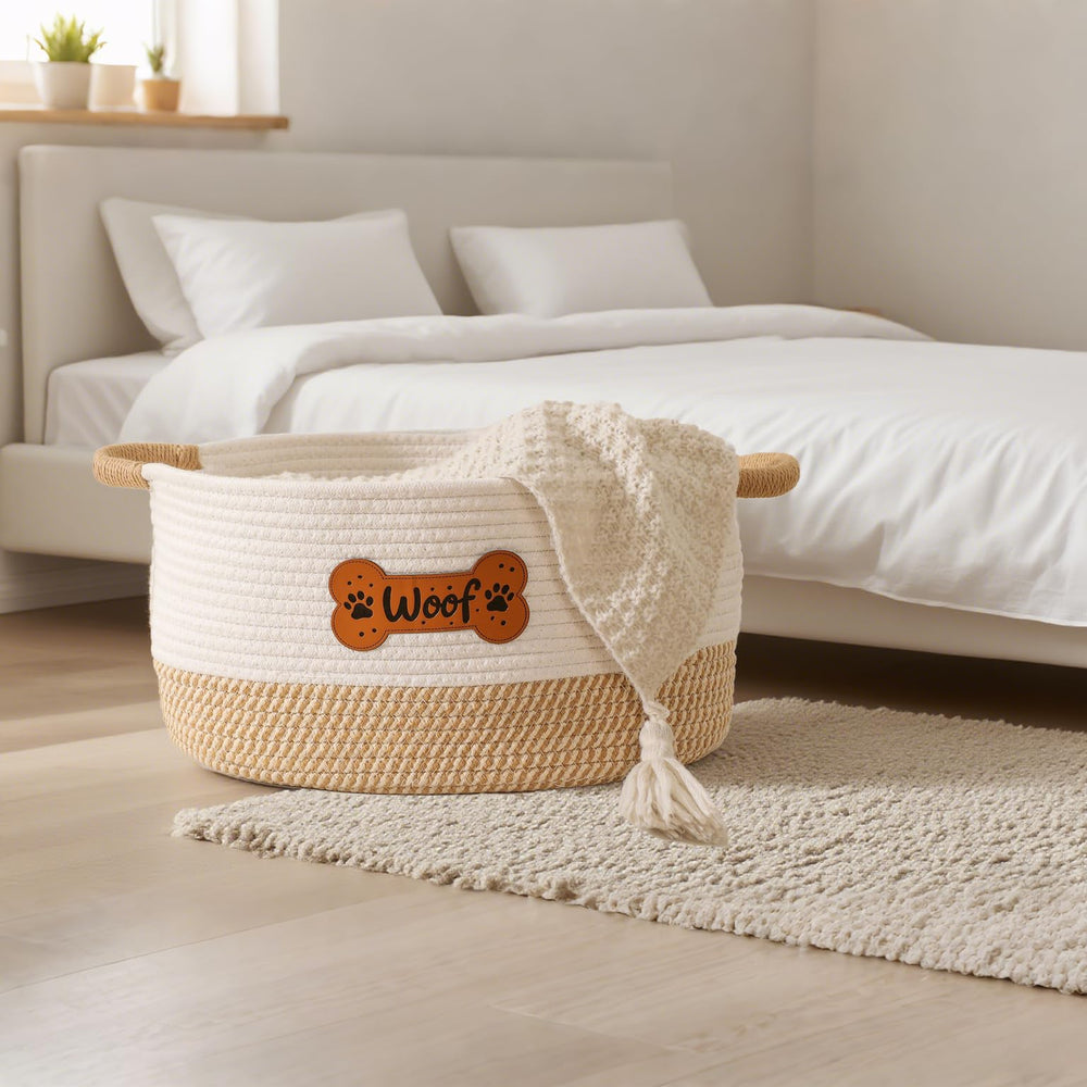 Tidelit dog toy basket in living room blends with decor while organizing gear