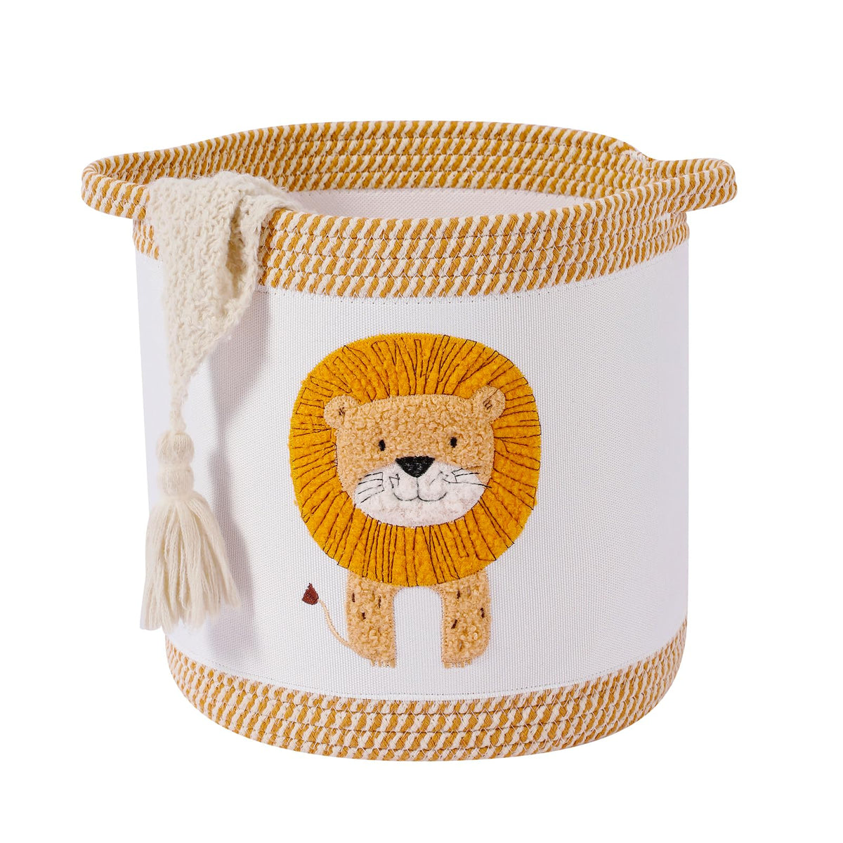 Tidelit lion basket closeup shows soft cotton rope and durable nursery organization.