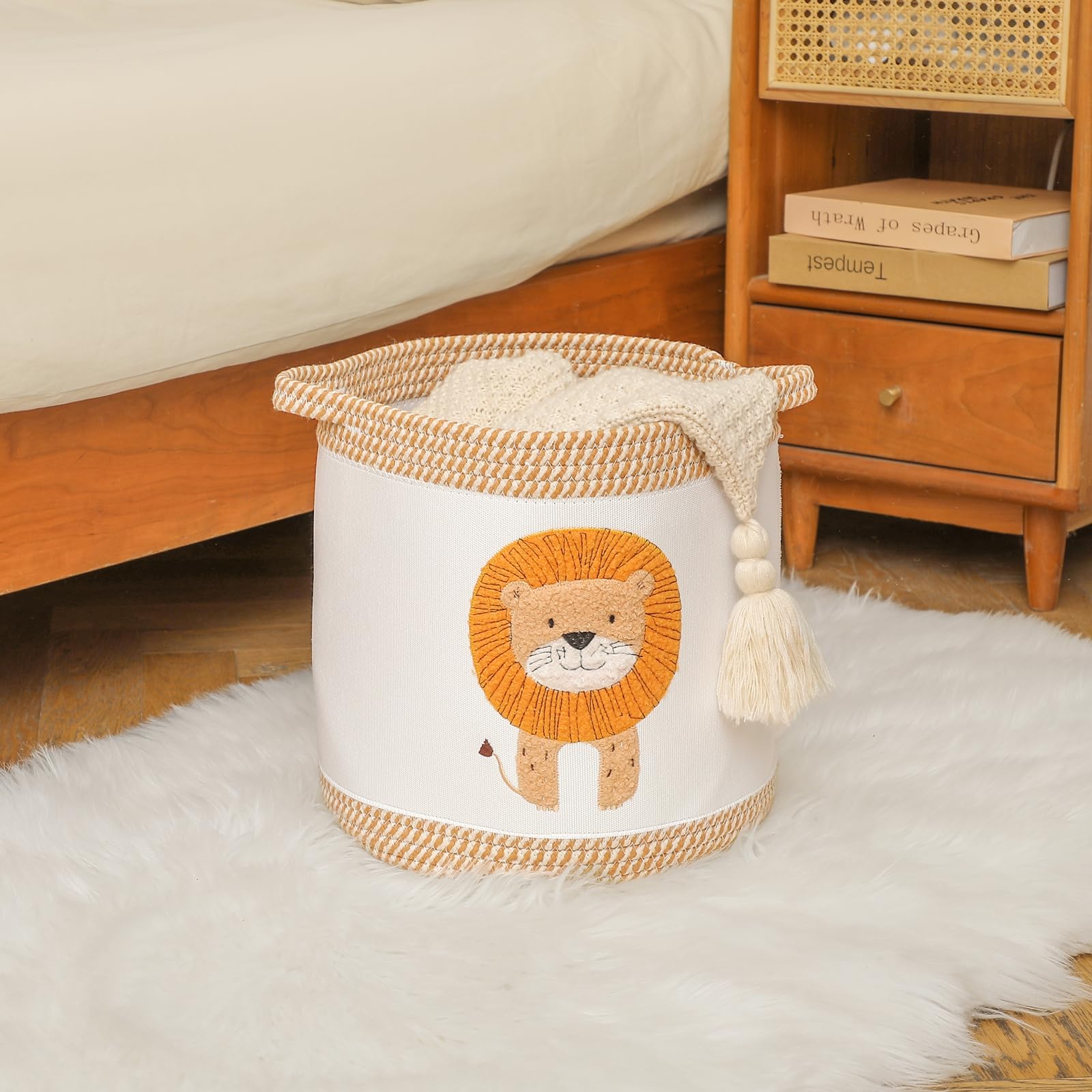 Tidelit nursery storage basket on shelf keeps essentials organized.