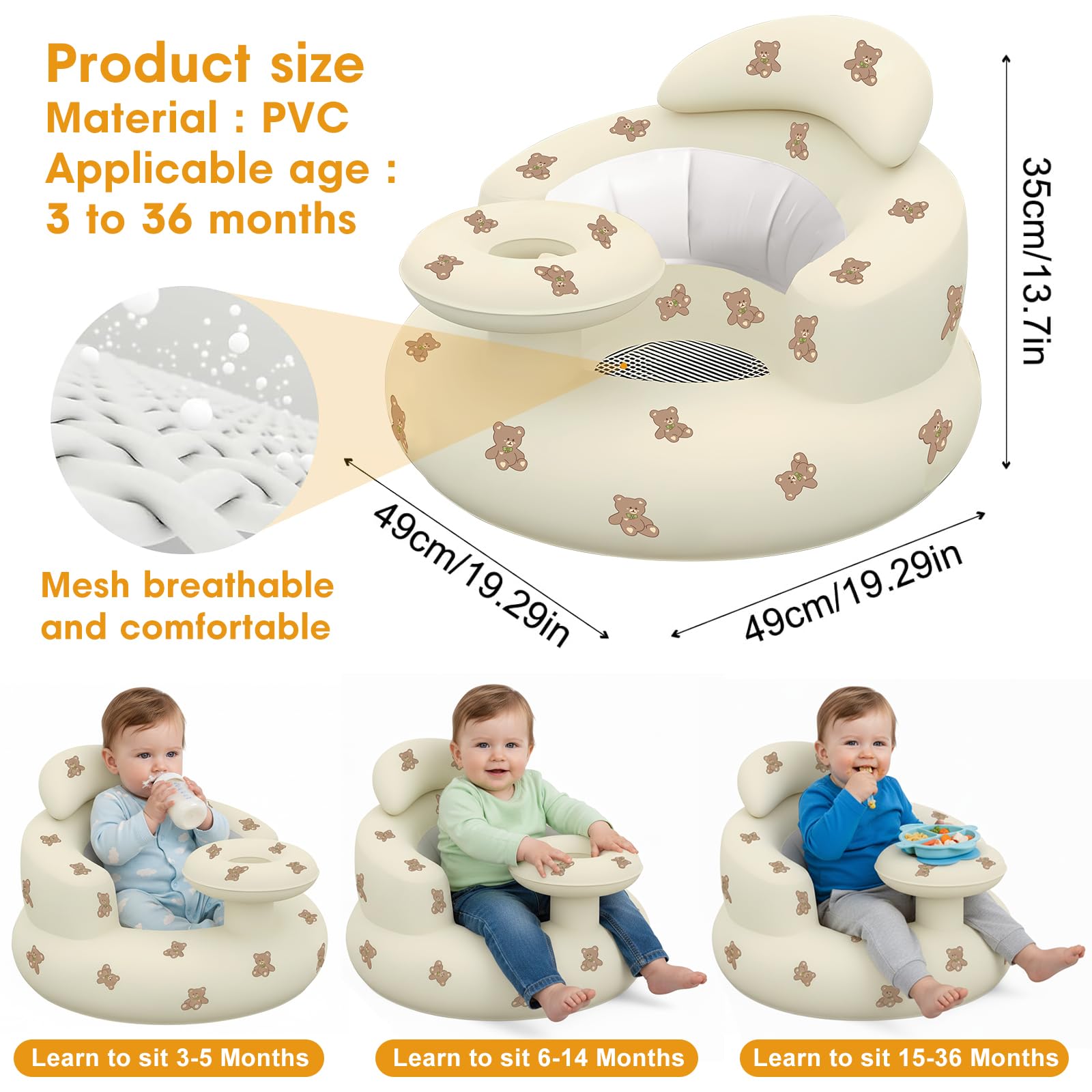 TIDNNS inflatable baby seat front view shows compact, travel-ready design.