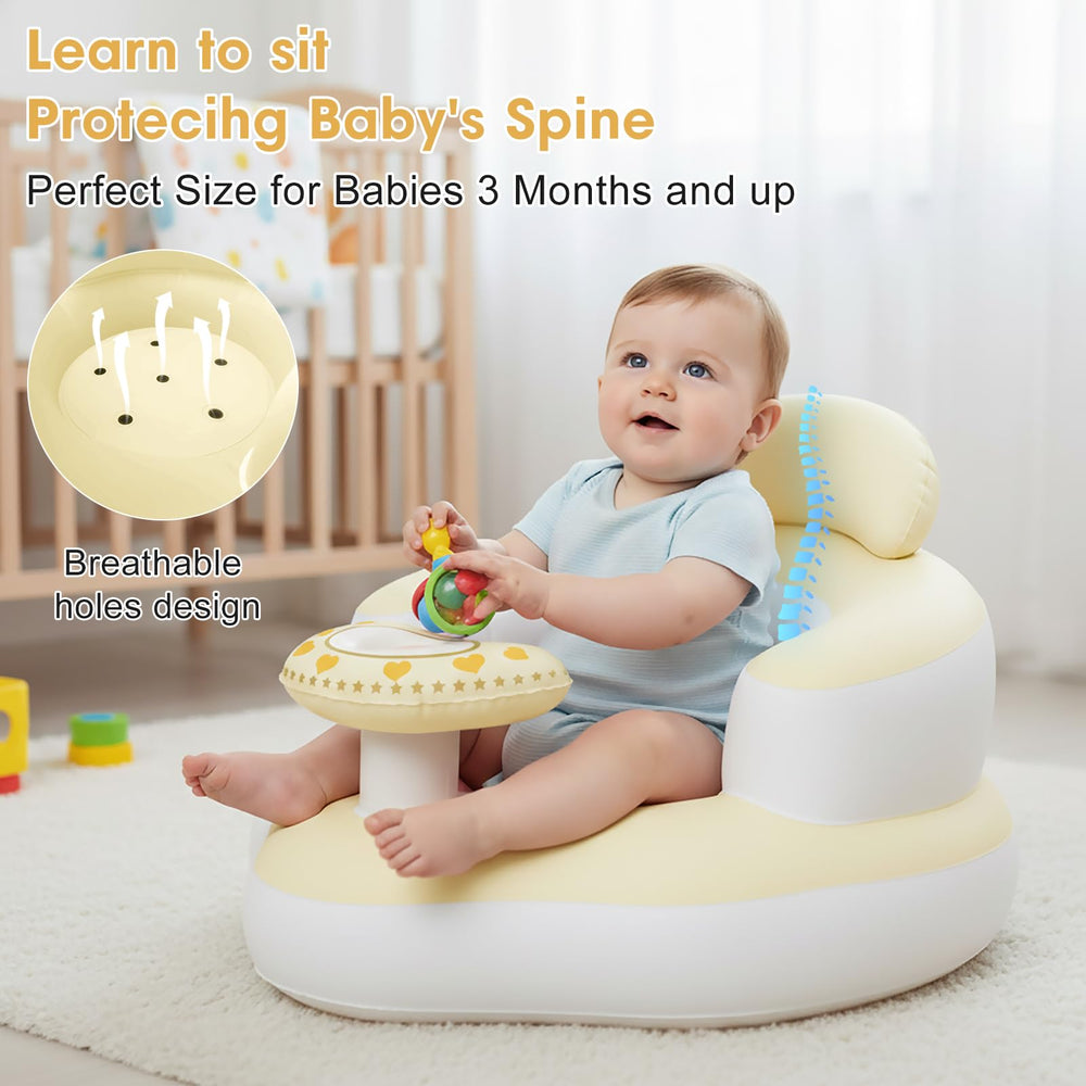 Tidnns inflatable baby seat yellow-white built-in-pump enables quick inflation.