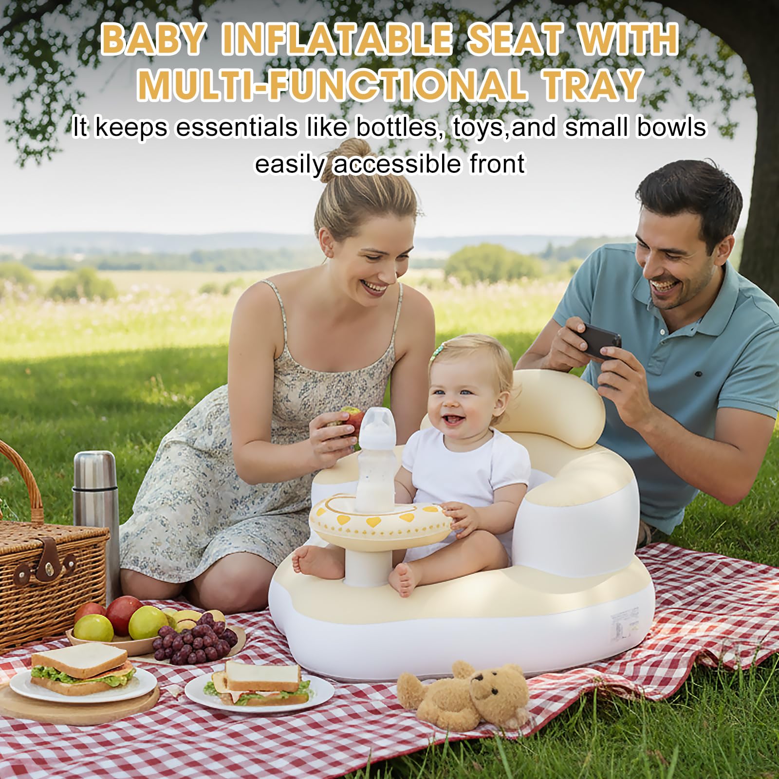 Tidnns inflatable baby seat yellow-white easy-clean surface for simple hygiene.