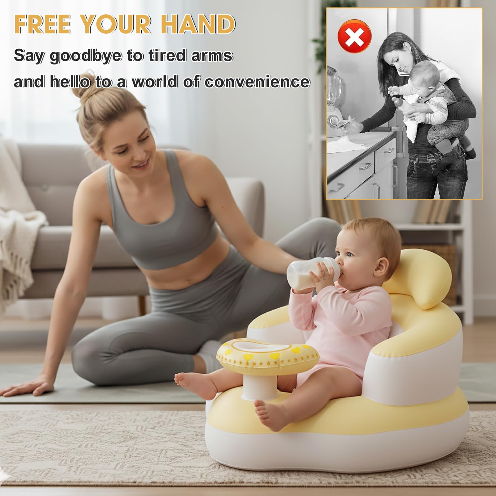 Tidnns inflatable baby seat yellow-white portable setup ideal for travel and on-the-go feeding.