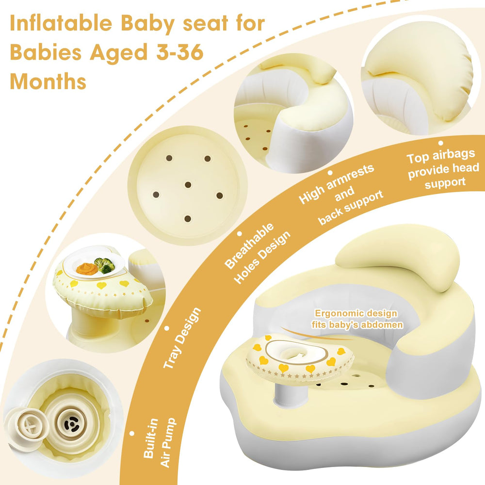 Tidnns inflatable baby seat yellow-white recessed-tray stabilizes bottles and toys.