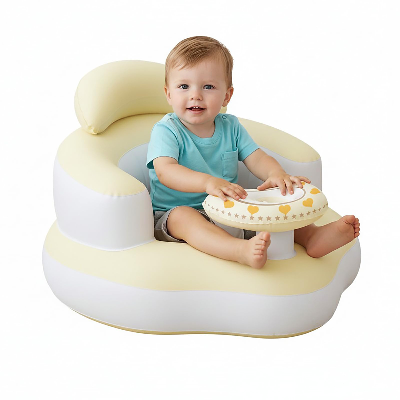 Tidnns inflatable baby seat yellow-white tray for secure feeding and play.