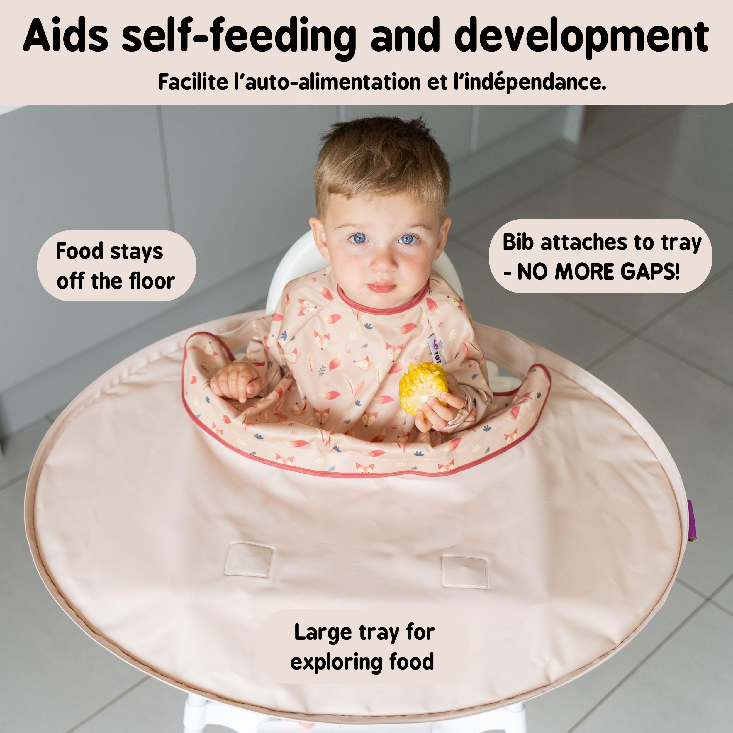 Tidy Tot bib-front hook-loop attachment close-up demonstrates gap-free dining