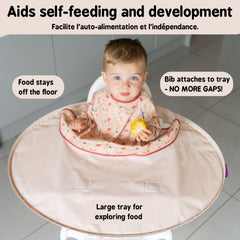 Tidy Tot bib-front hook-loop attachment close-up demonstrates gap-free dining