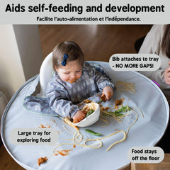 Tidy Tot Bib & Tray Kit bib attached to tray shows gap-free front for clean outfits