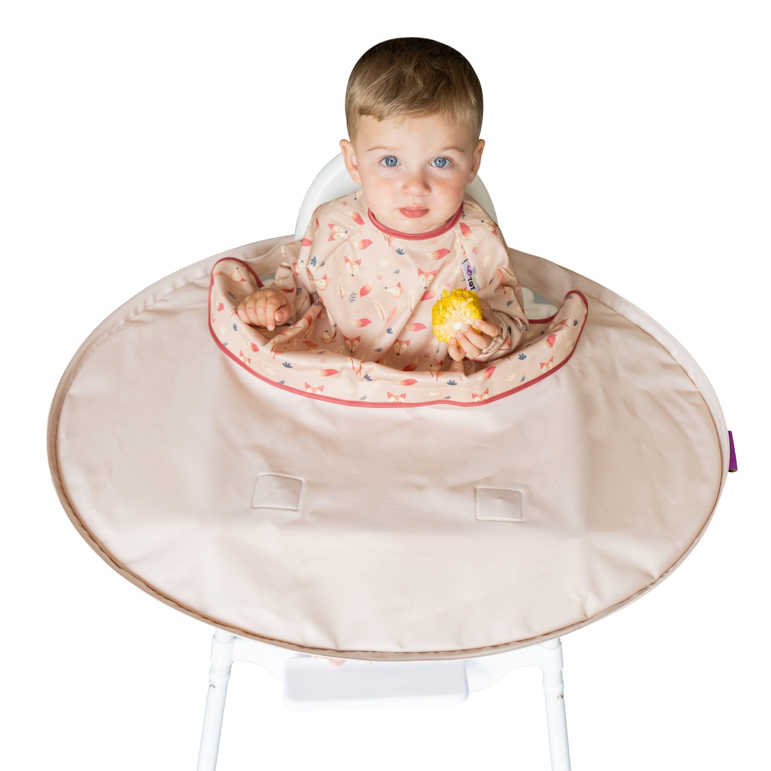 Tidy Tot bib-tray kit sand assembly shows setup for mess-free meals