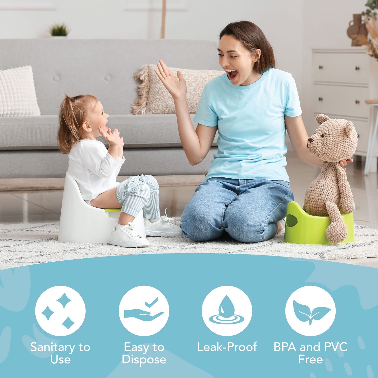Tidy Tots disposable potty liners pack 32 back view—compact travel-ready pack.