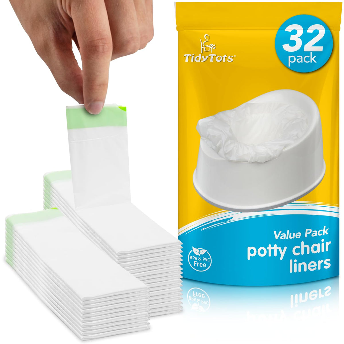 Tidy Tots disposable potty liners pack 32 front view—easy, quick disposal after use.
