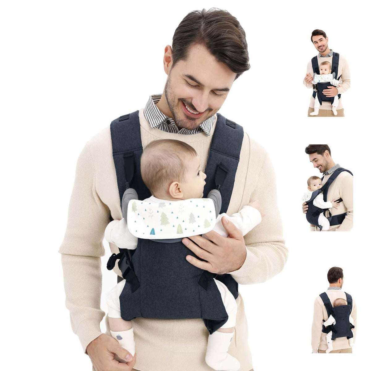 tigerandkitty baby sling carrier front view demonstrates ergonomic M-shape support for growing babies