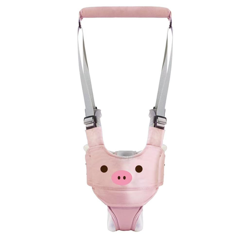 Tiger&Kitty baby walking harness pink pig side-wear demonstrates easy adjustability for growing toddlers