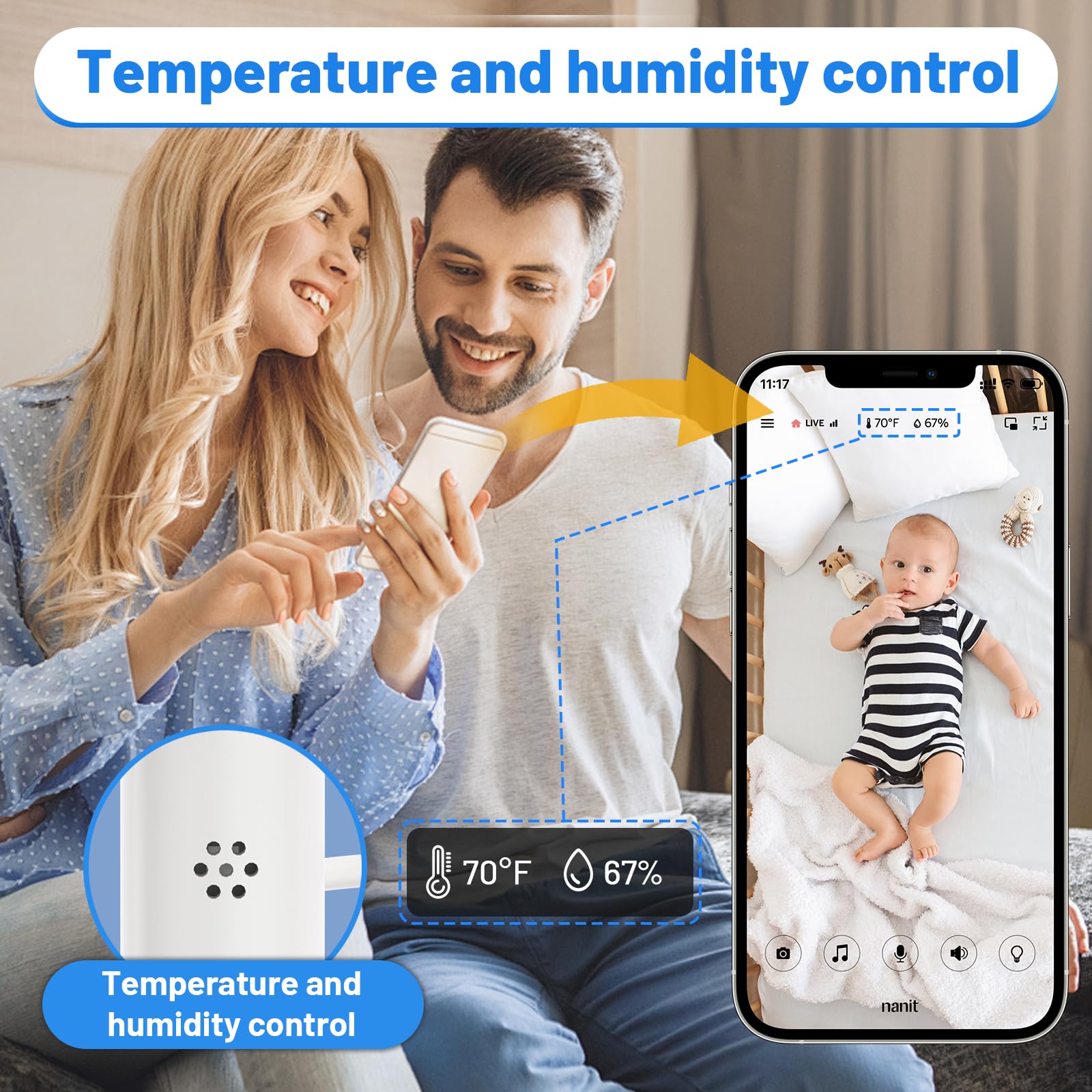 Tihii mount highlights temperature and humidity display near Nanit, helpful environmental context.