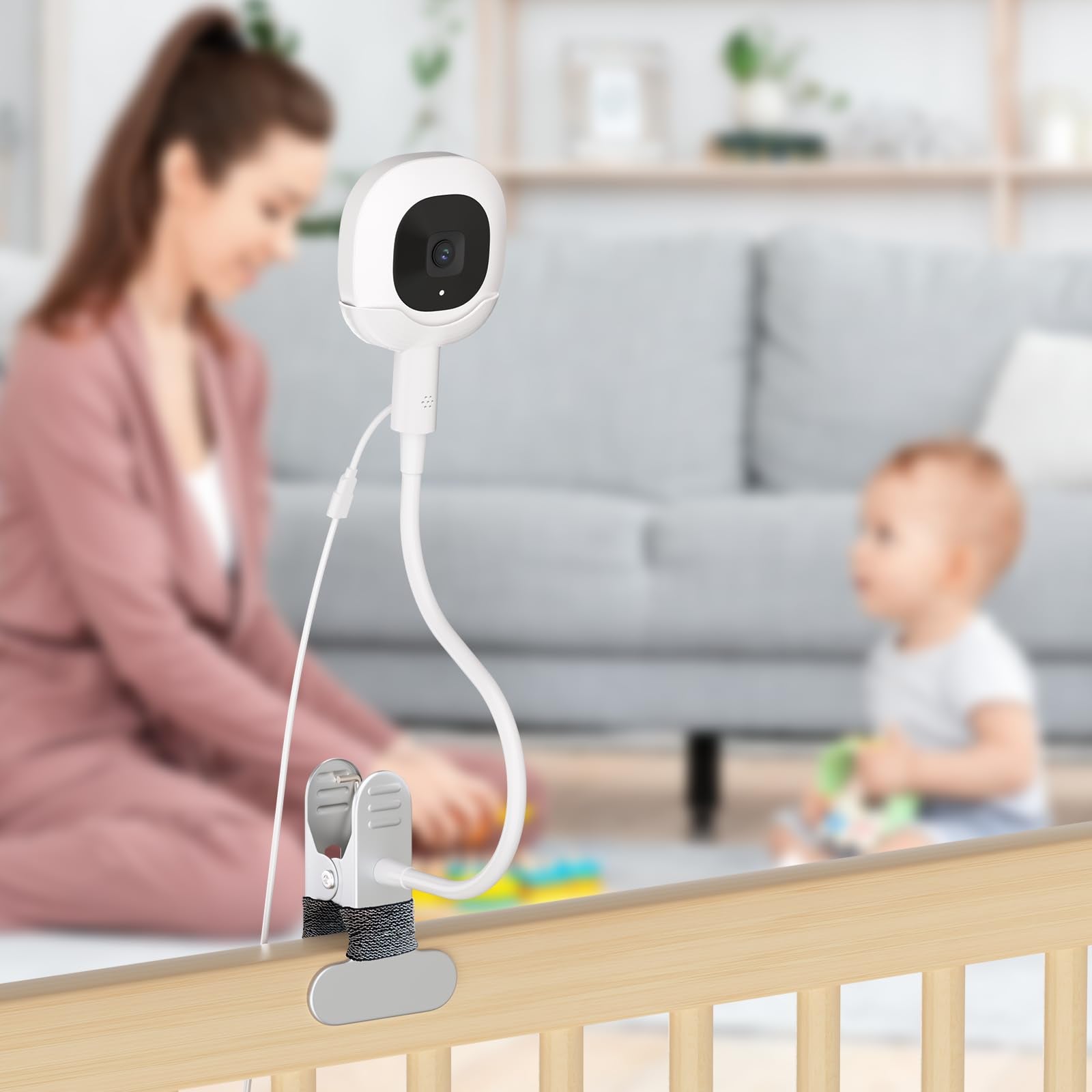 Tihii mount installation on Nanit Original, tool-free and damage-free for crib or wall placement.