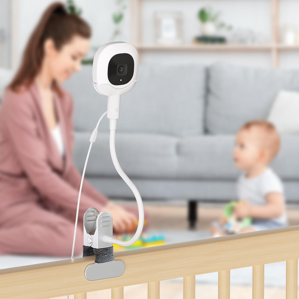 Tihii mount installation on Nanit Original, tool-free and damage-free for crib or wall placement.