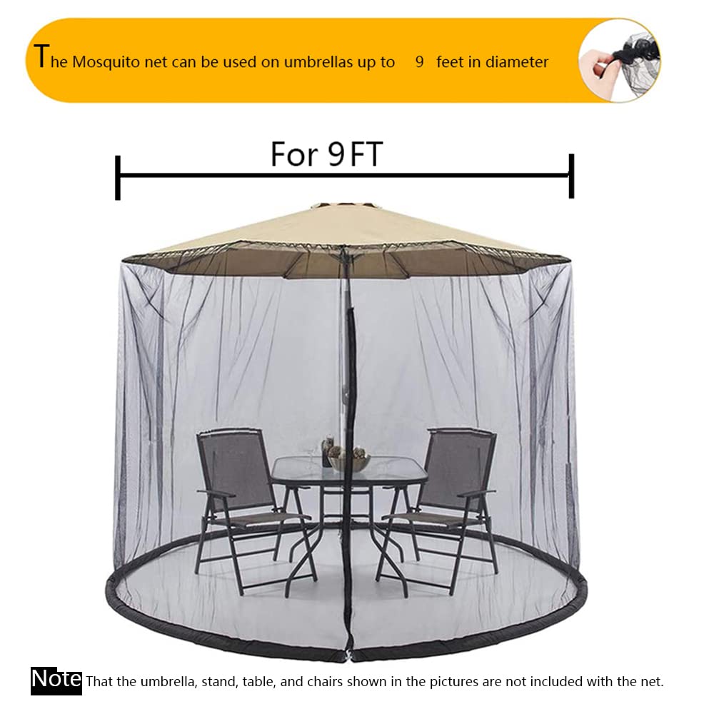 Tiimmgaal 9ft mosquito net umbrella fit highlights compatibility with most 9-foot round umbrellas.