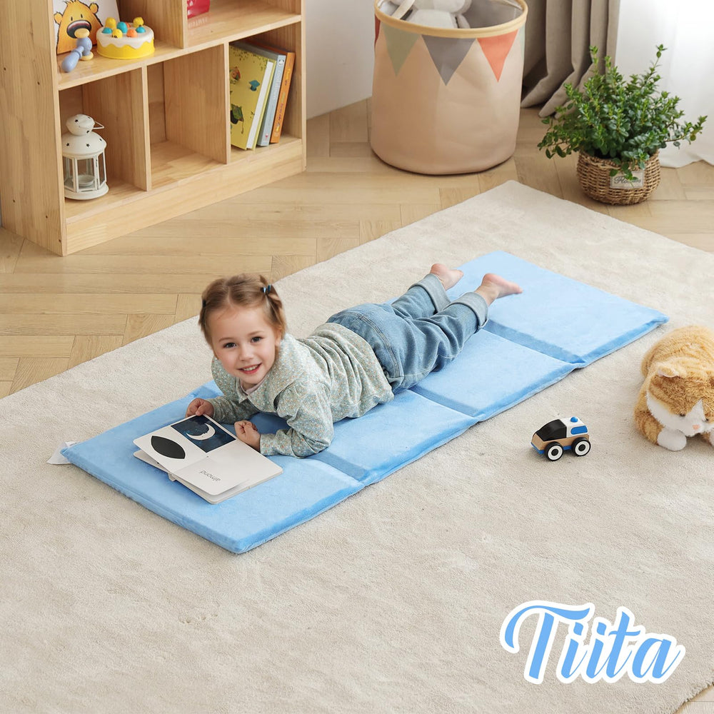 Tiita Kids Nap Mat blue in bedroom scene provides cozy resting spot