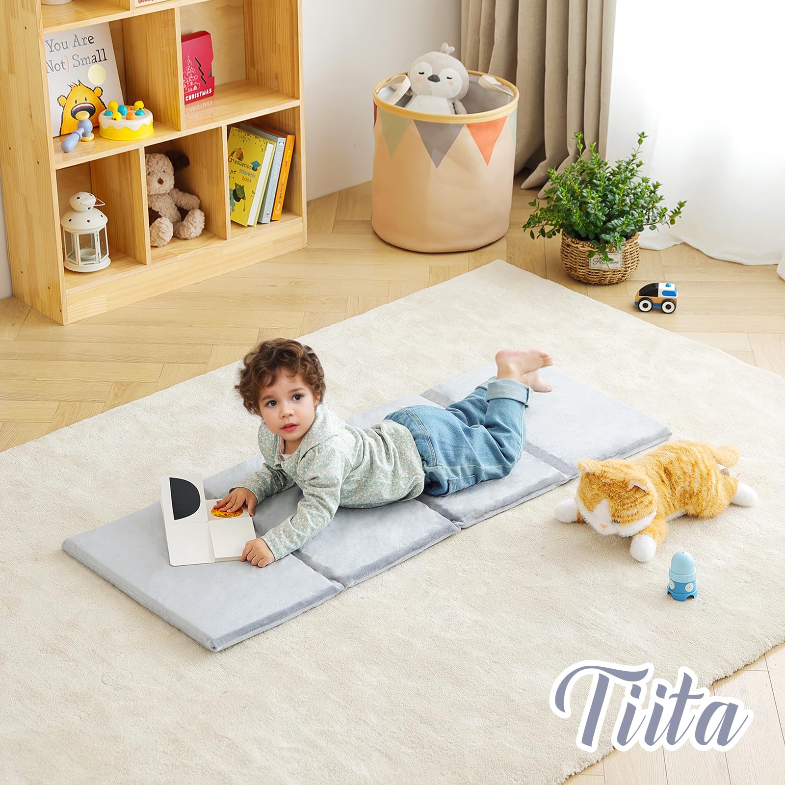 Tiita Kids Nap Mat folded for compact storage and quick setup.