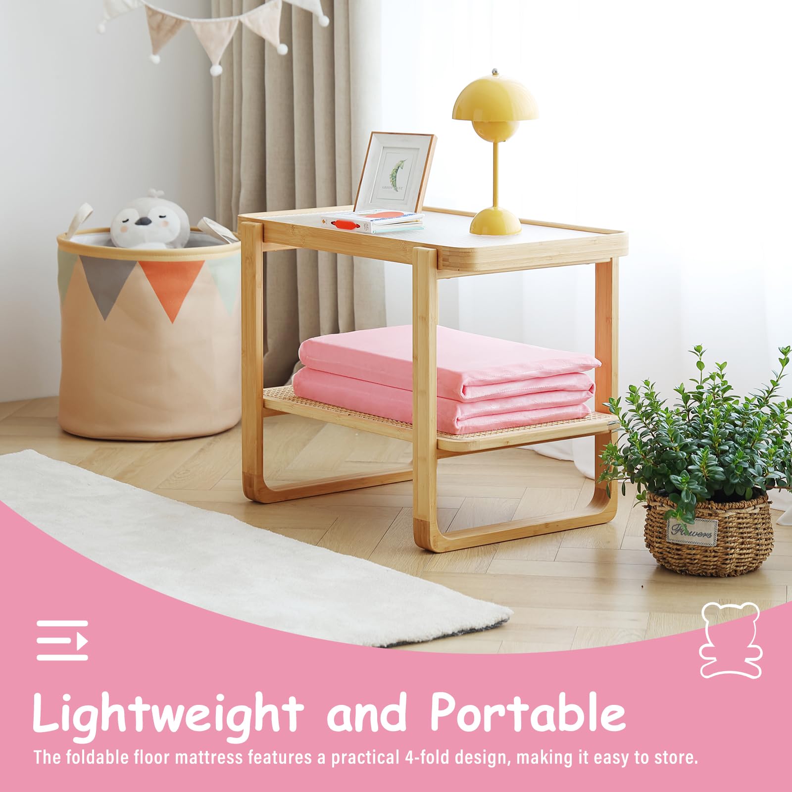 Tiita Kids Nap Mat pink color closeup emphasizes cozy, kid-friendly vibe.