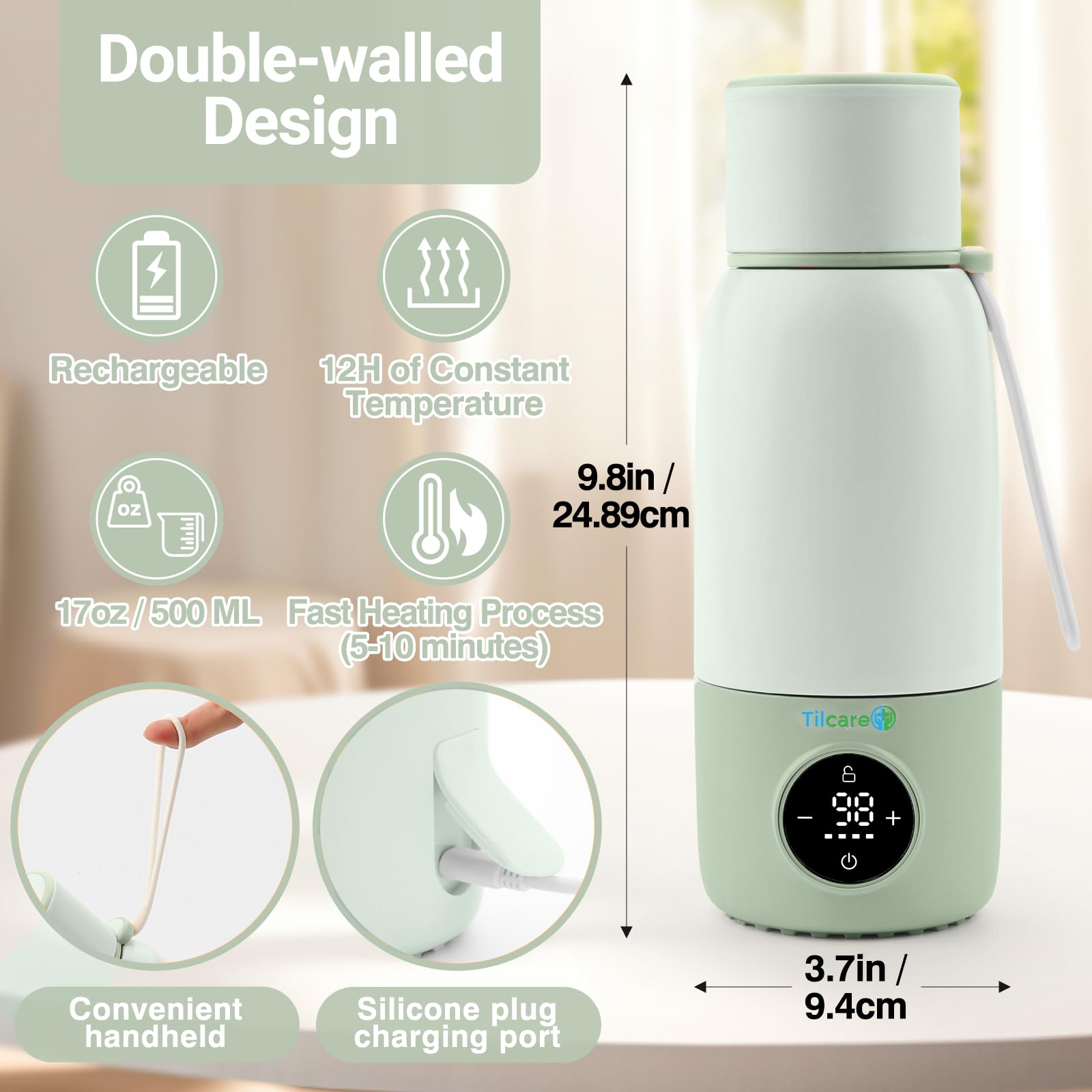 Tilcare portable bottle warmer fast charging depiction highlights 3-hour charge and extended use.
