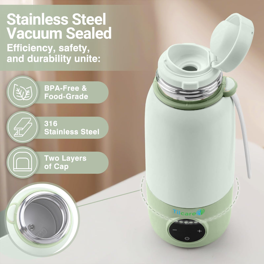 Tilcare portable bottle warmer safety lock image conveys child-safe auto-lock feature.