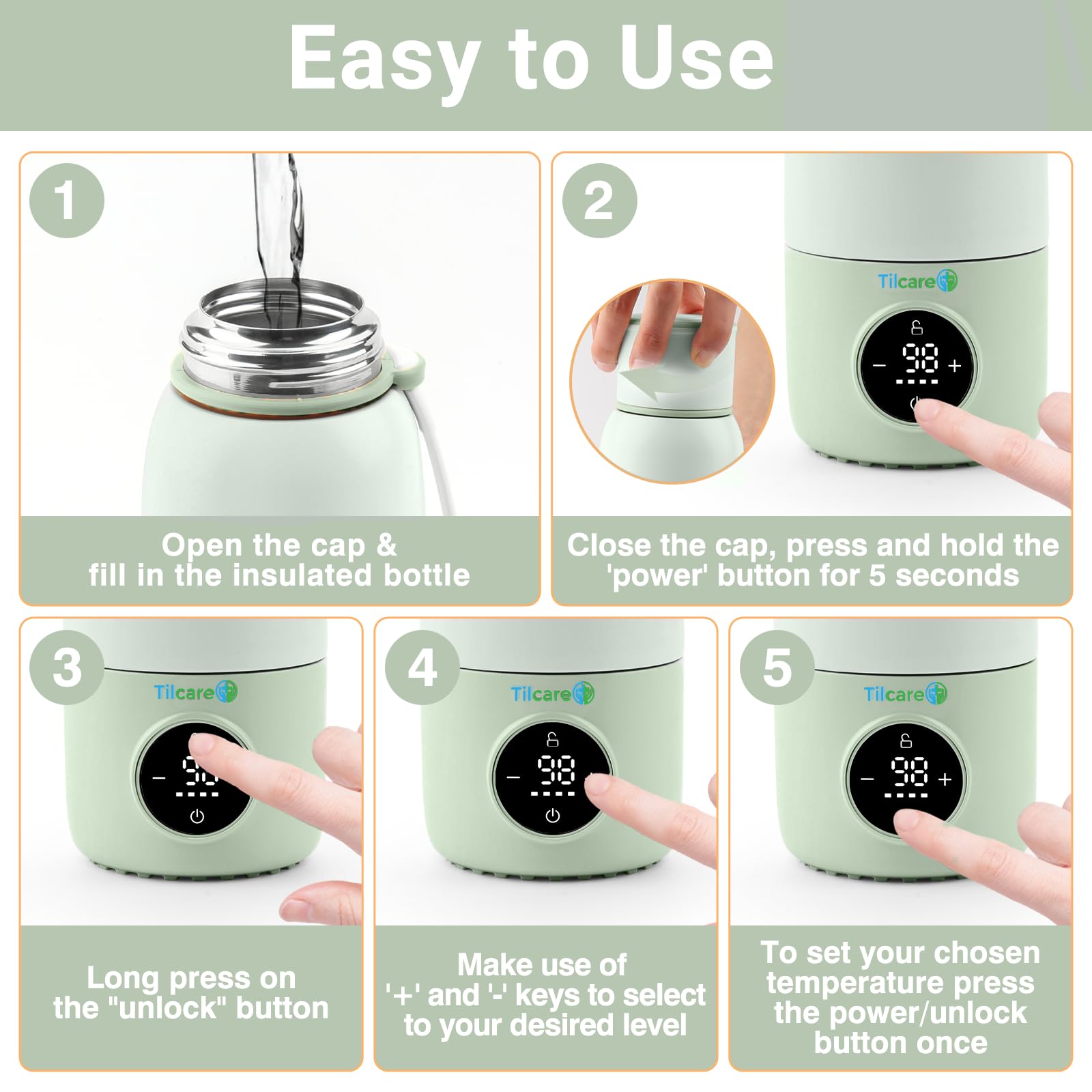 Tilcare portable bottle warmer travel formula-dispenser demonstrates convenient on-the-go prep.