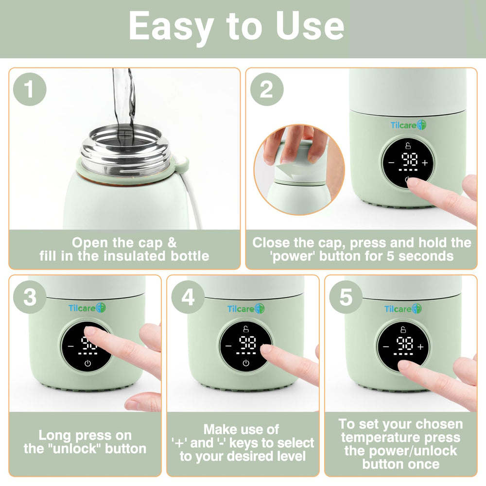 Tilcare portable bottle warmer travel formula-dispenser demonstrates convenient on-the-go prep.