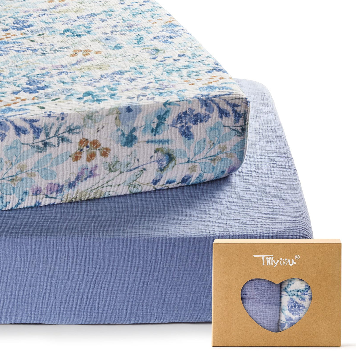 TILLYOU 2-pack muslin crib sheets blue flower close-up, breathable cotton for baby comfort.