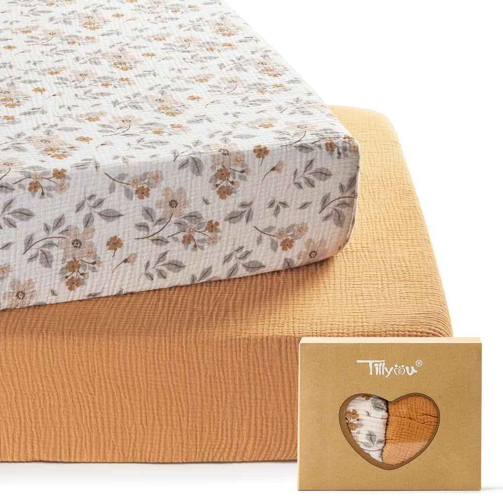 TILLYOU 2-pack muslin crib sheets packaged; soft cotton ready-to-use nursery basics