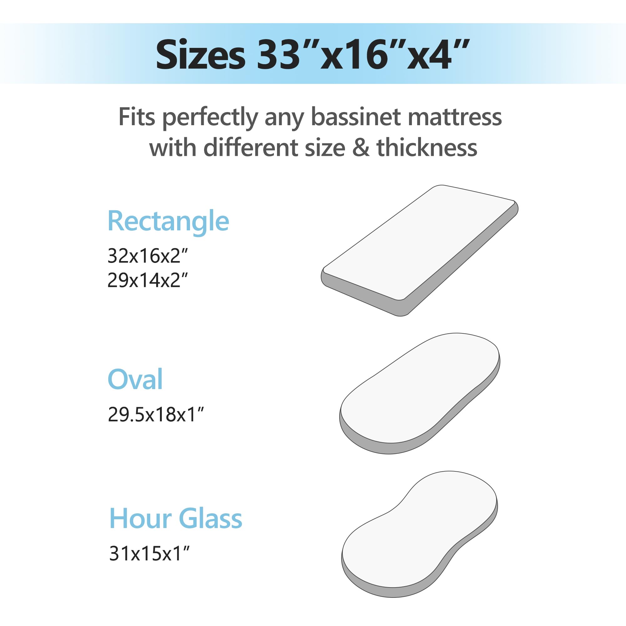 TILLYOU bassinet sheets elastic band detail, ensures snug fit on oval or rectangular mattresses.