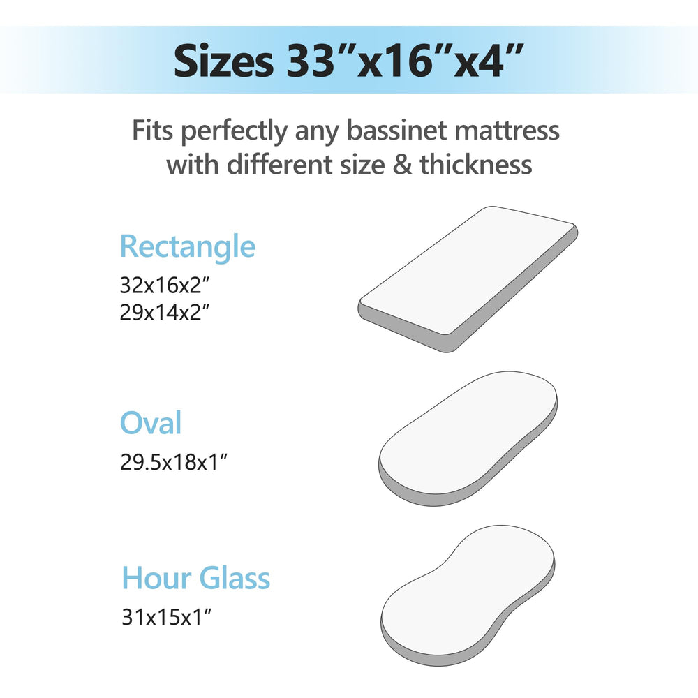 TILLYOU bassinet sheets elastic band detail, ensures snug fit on oval or rectangular mattresses.