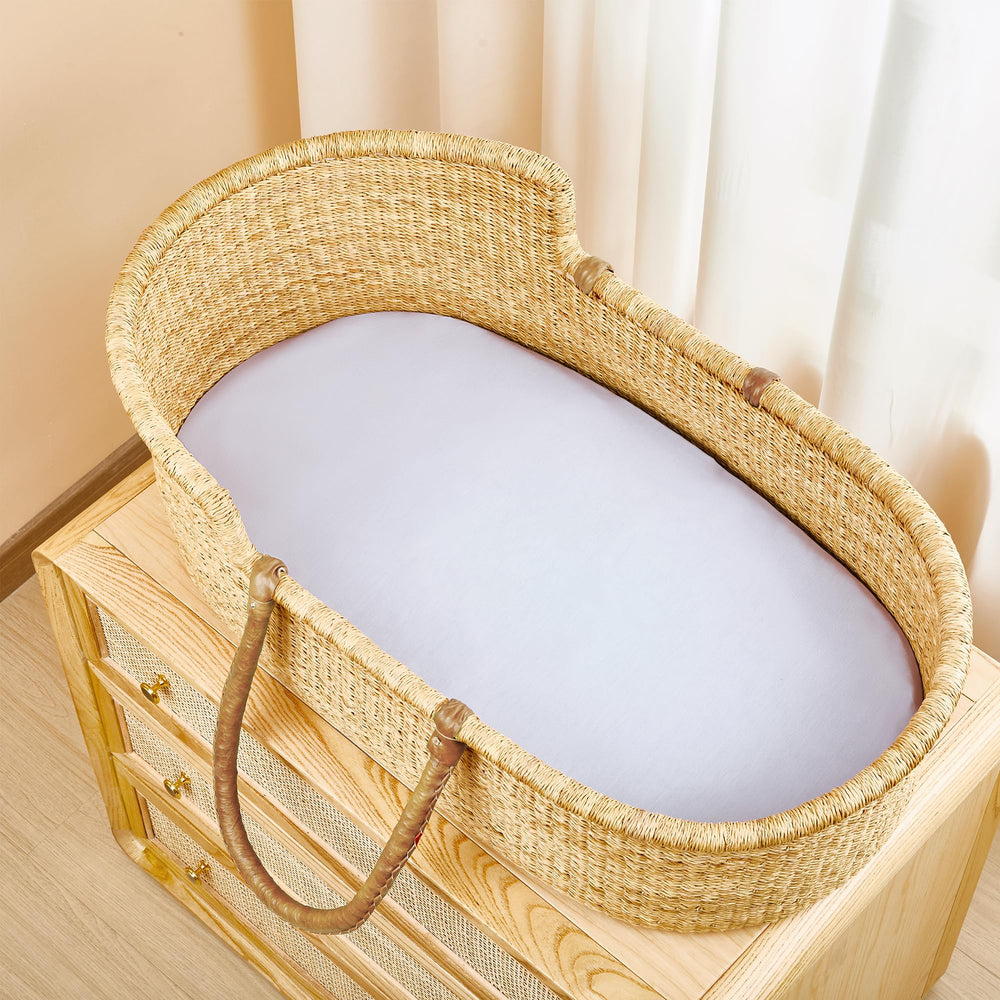 TILLYOU baby bassinet sheets Purple pattern closeup, vibrant design complements nursery decor.