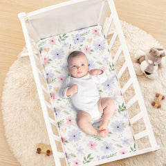 TILLYOU baby bassinet sheets Purple pattern full shot, easy-to-fit mattress for safe sleep.