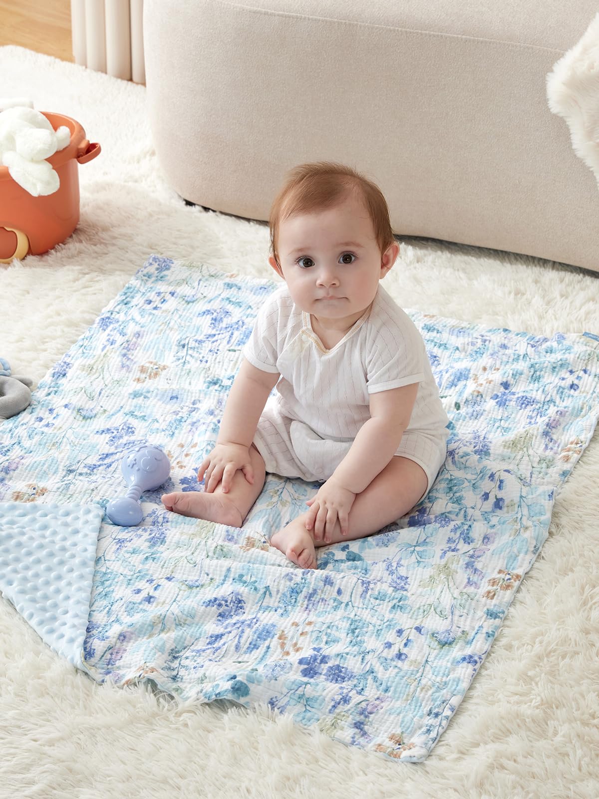 TILLYOU baby blanket blue flower pattern adds a vibrant nursery accent