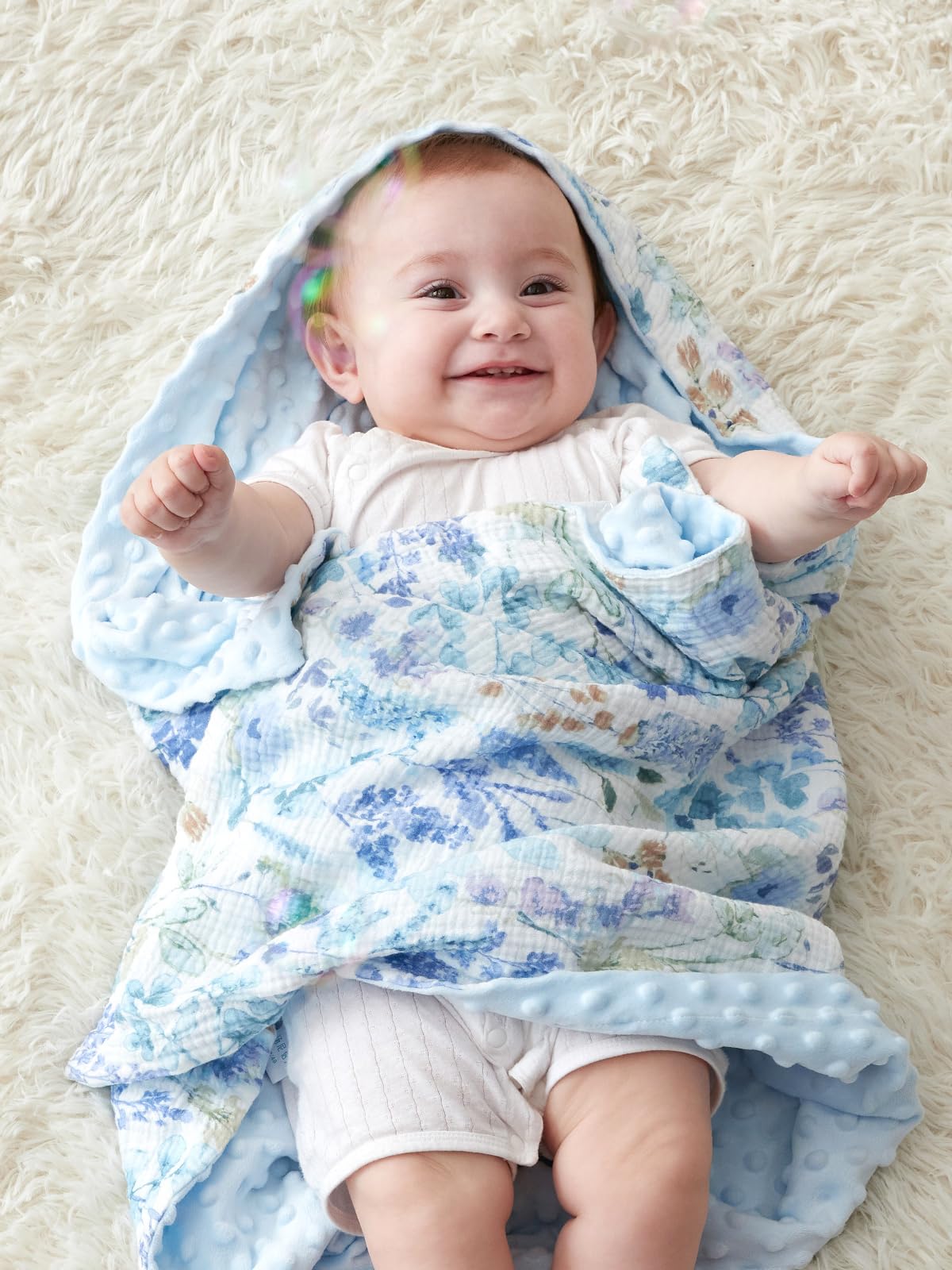 TILLYOU baby blanket muslin front fabric highlights breathable texture for year round comfort