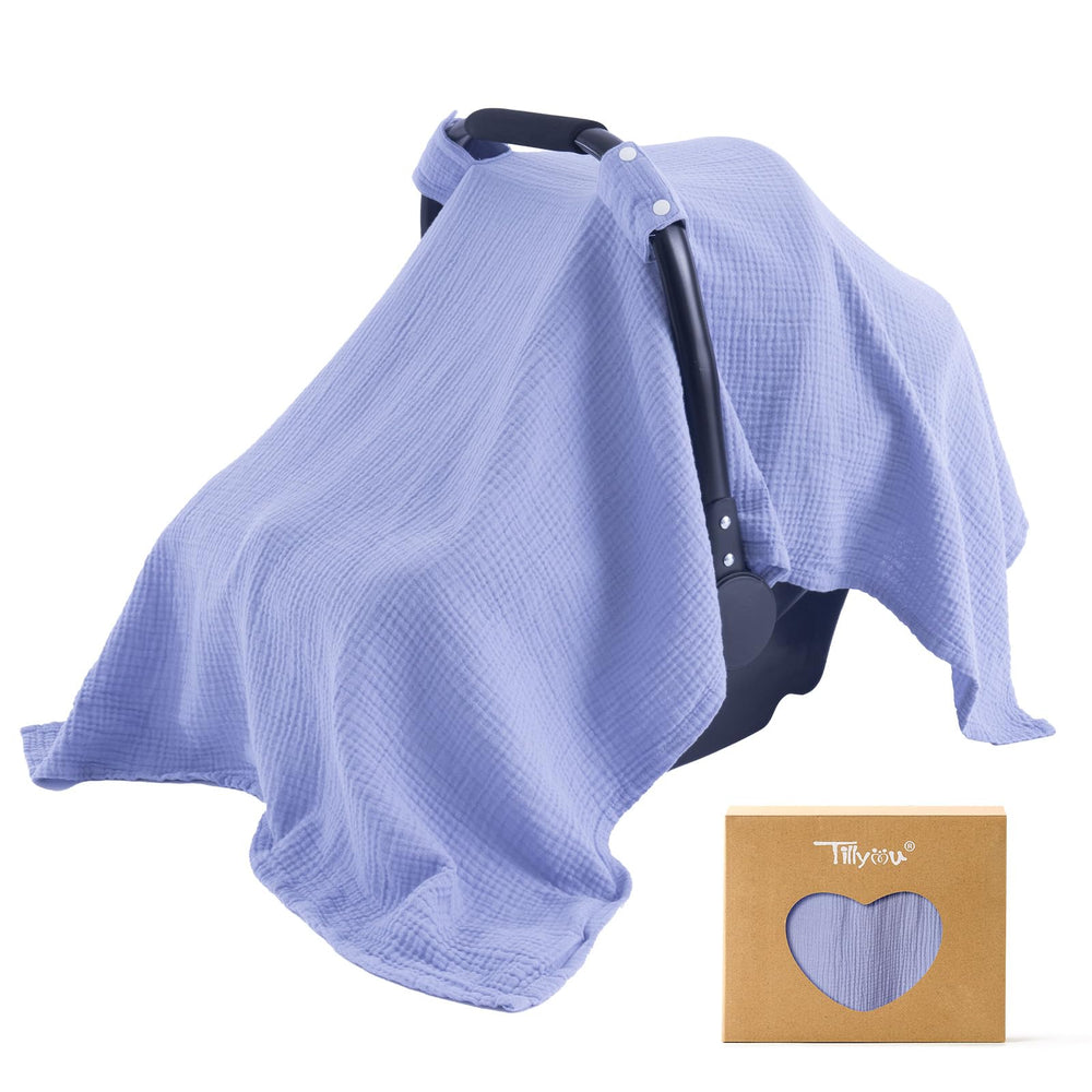 TILLYOU baby car seat cover blue full view shows breathable muslin and sun protection.
