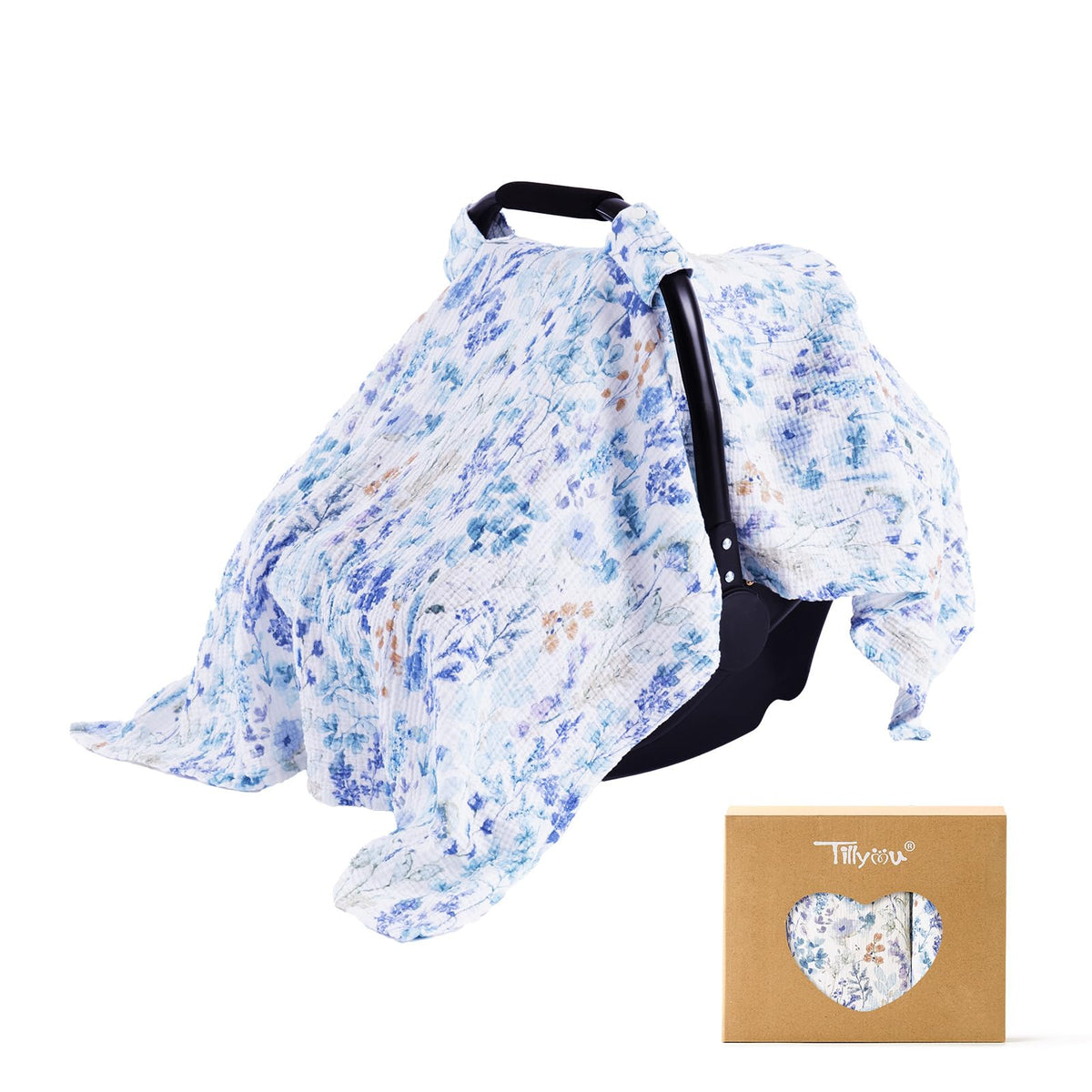 TILLYOU baby car seat cover front view in breathable muslin for gentle protection