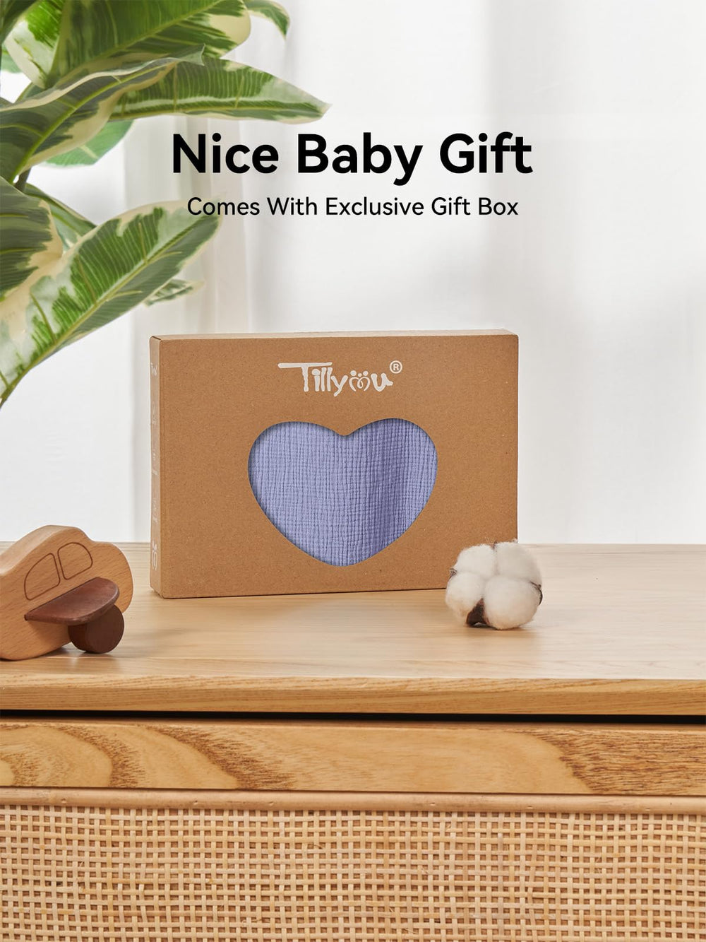 TILLYOU blue car seat cover in elegant gift box, ready for gifting.