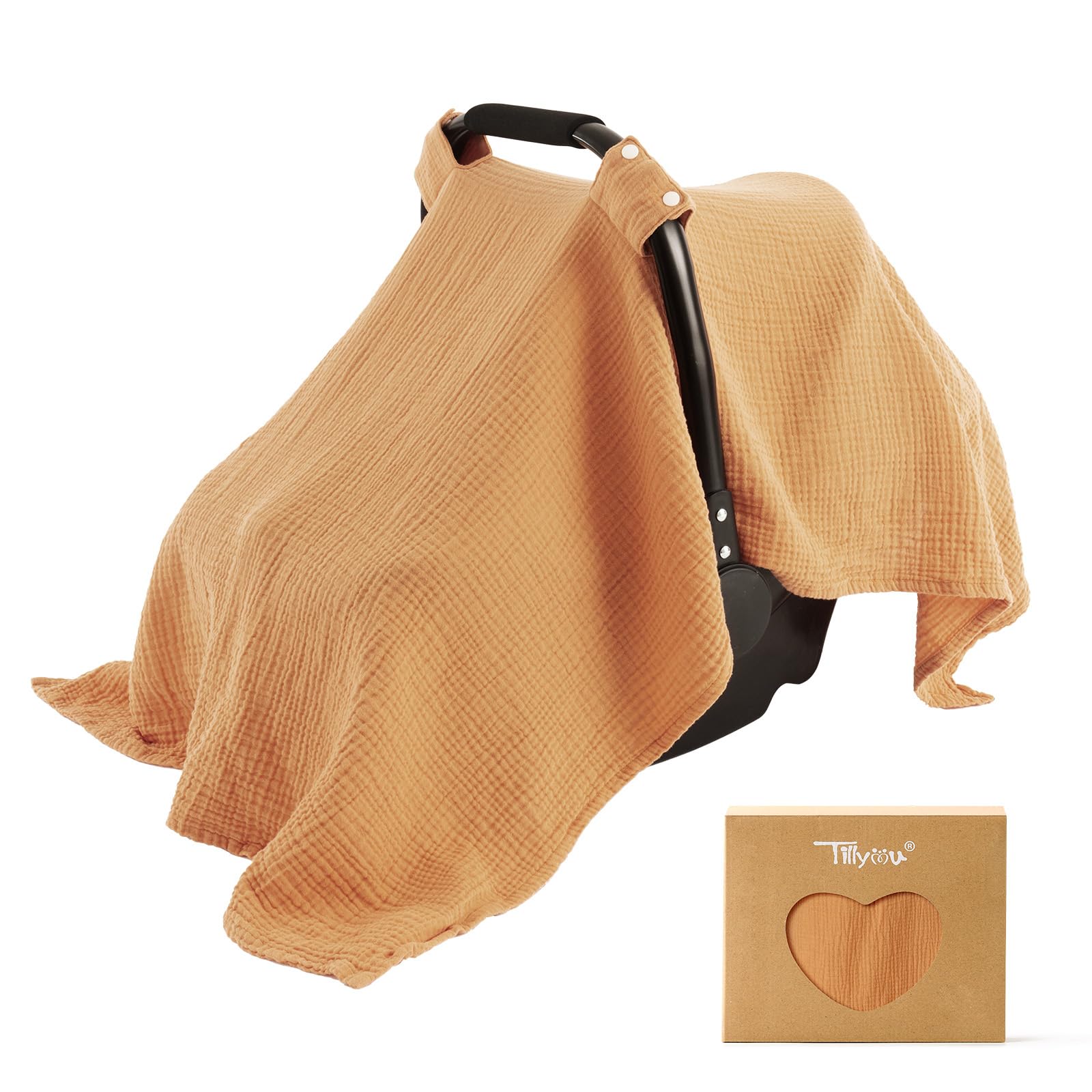 TILLYOU baby car seat cover close-up on breathable muslin for gentle skin protection.