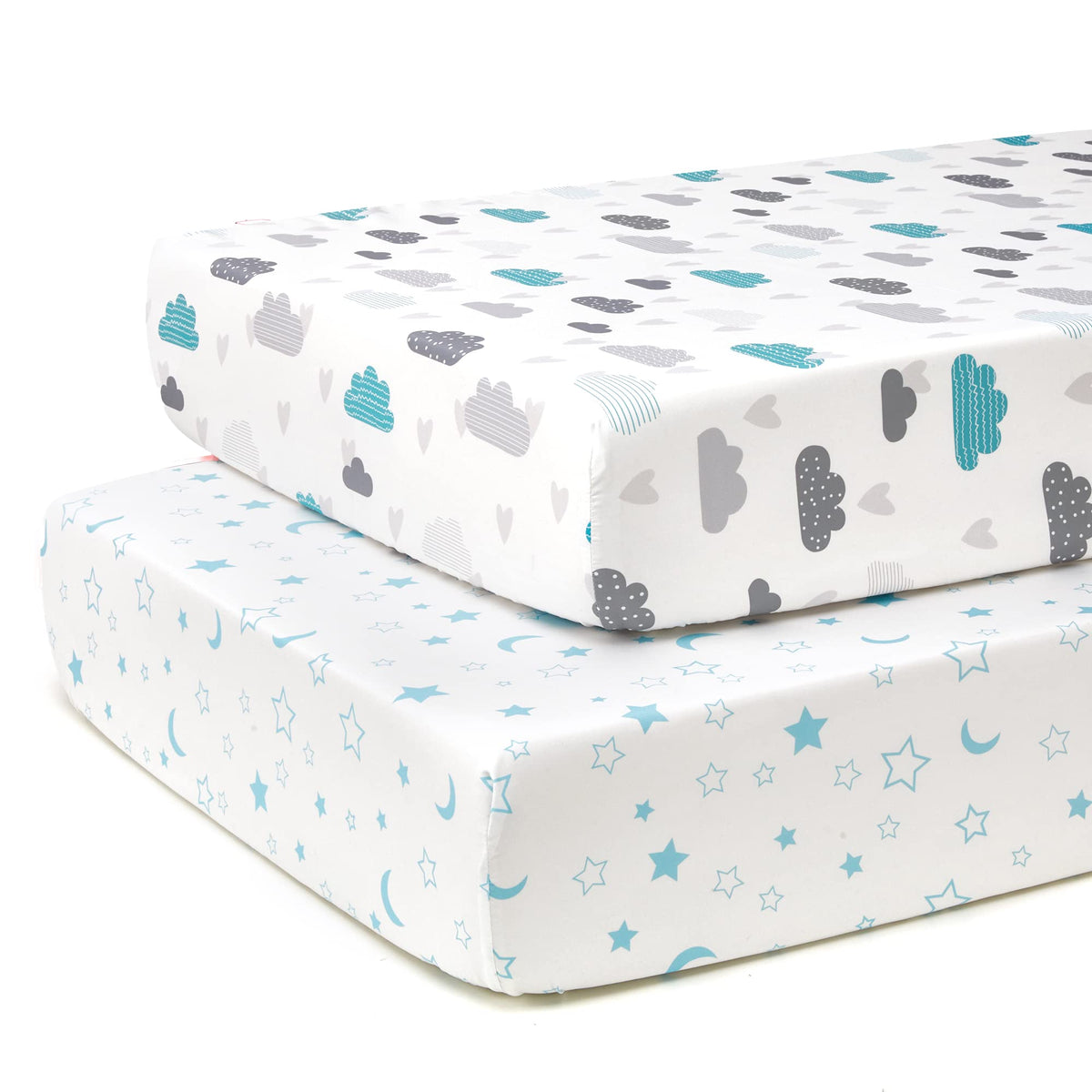 TILLYOU baby crib sheets blue clouds stars pattern for cozy nursery decor.