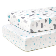 TILLYOU baby crib sheets blue clouds stars pattern for cozy nursery decor.