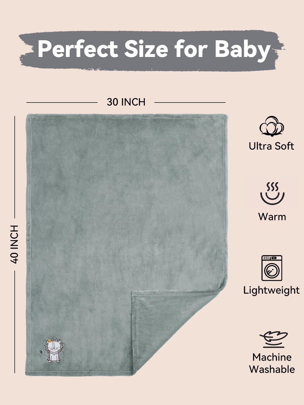 TILLYOU baby fleece blanket grey lion on couch for a cozy nap