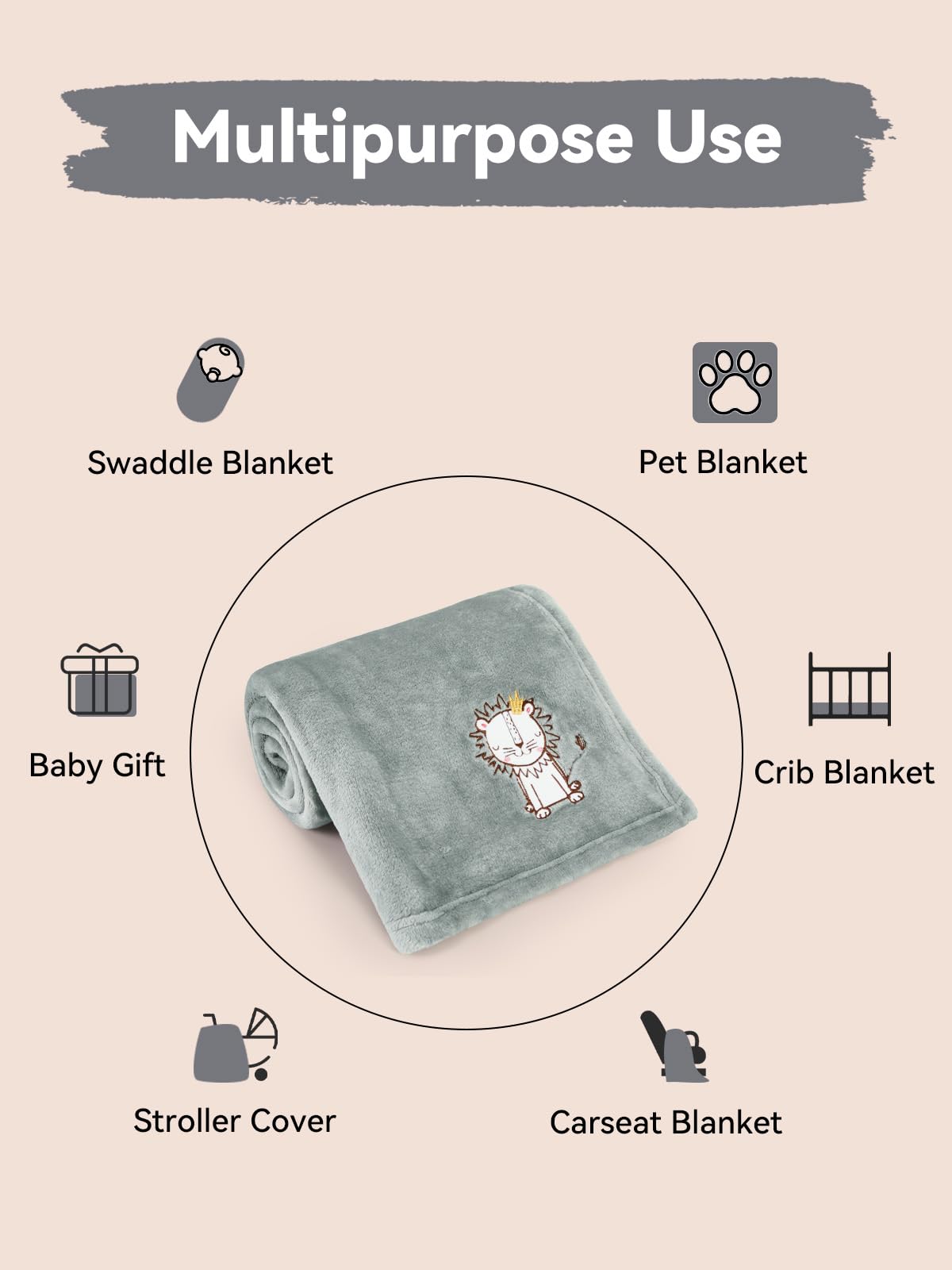 TILLYOU baby fleece blanket grey lion travel essential for on-the-go warmth