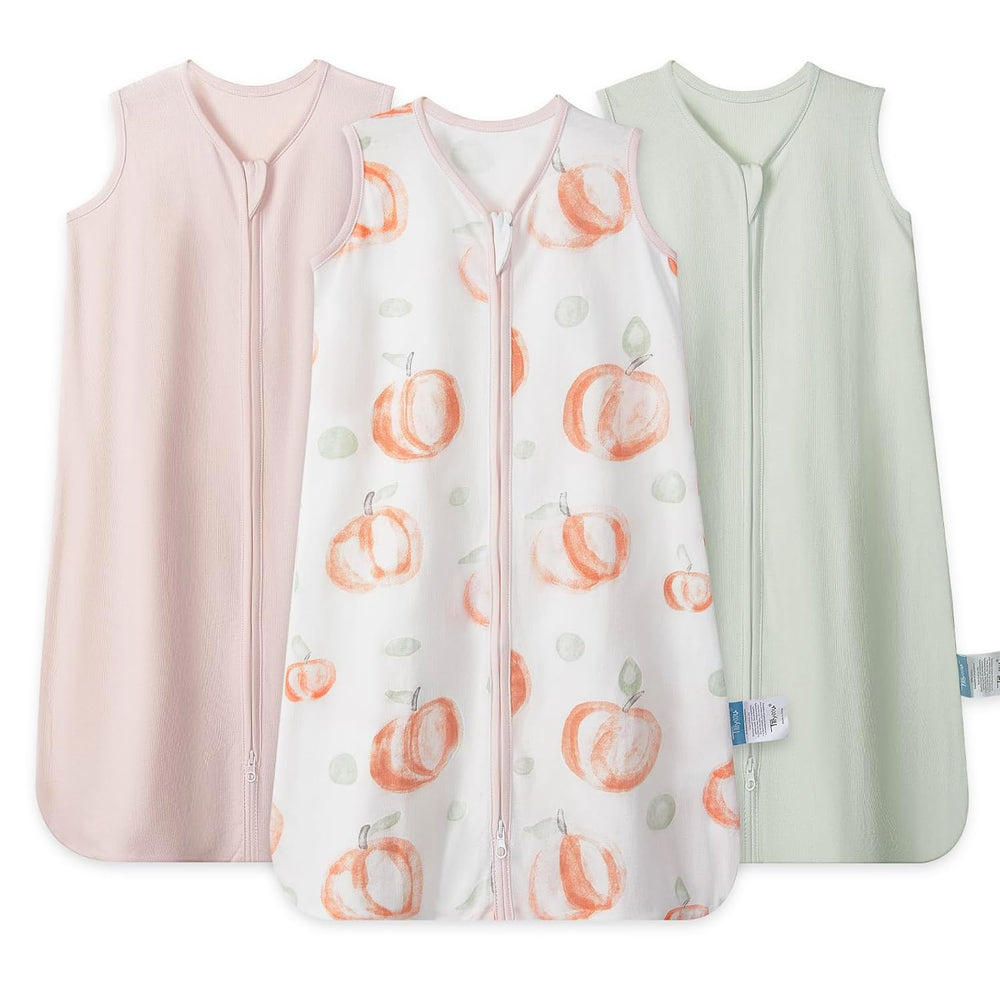TILLYOU baby sleep sack front view in pink peach showing breathable cotton comfort for warm nights