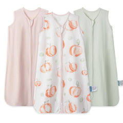 TILLYOU baby sleep sack front view in pink peach showing breathable cotton comfort for warm nights