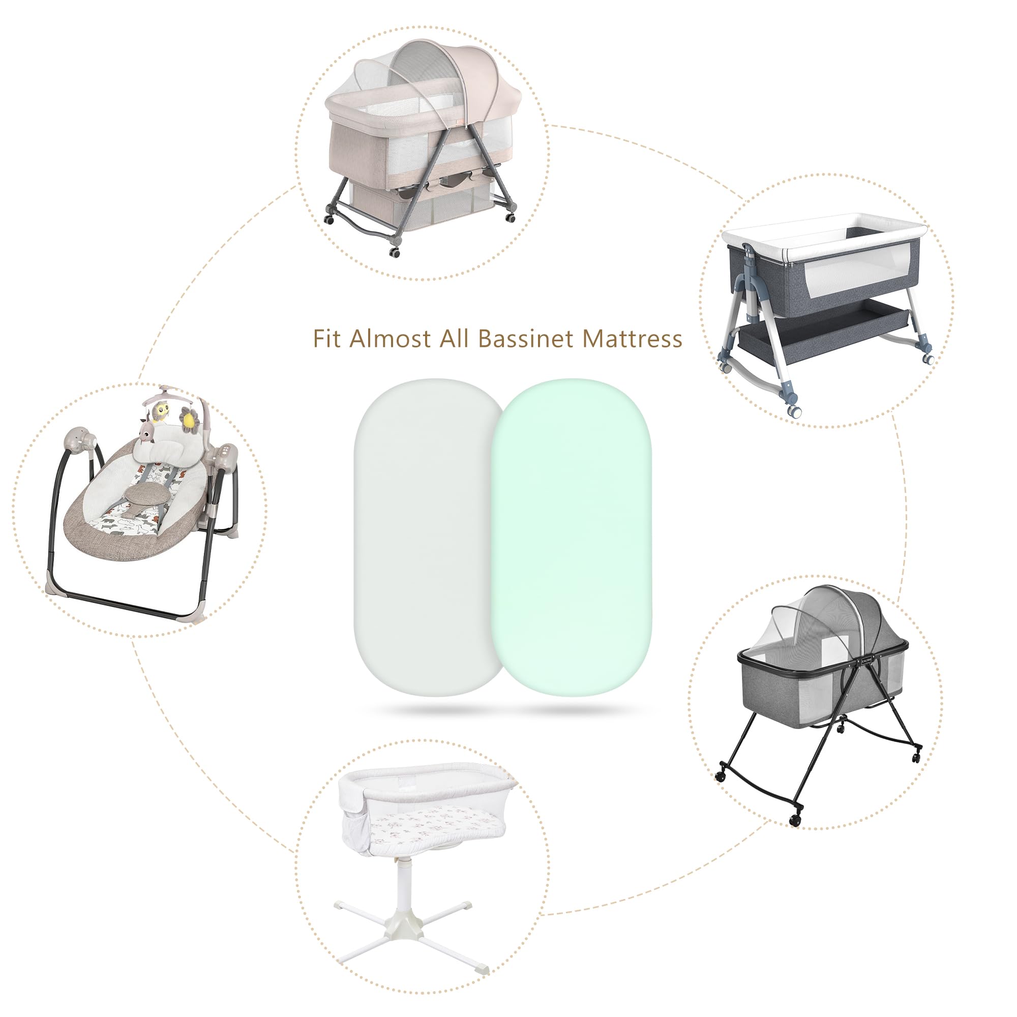TILLYOU bassinet sheets in gray and green patterns complement nursery decor.